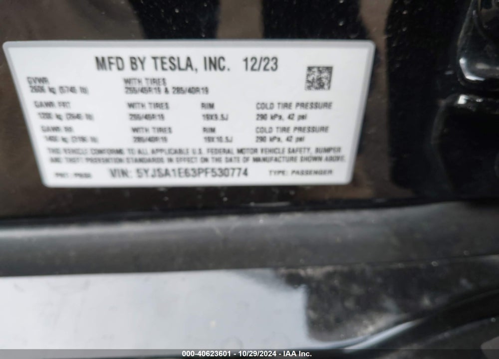 2023 TESLA MODEL S PLAID TRI MOTOR ALL-WHEEL DRIVE VIN: 5YJSA1E63PF530774