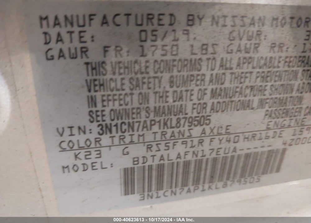 2019 NISSAN VERSA 1.6 S+ VIN: 3N1CN7AP1KL879505