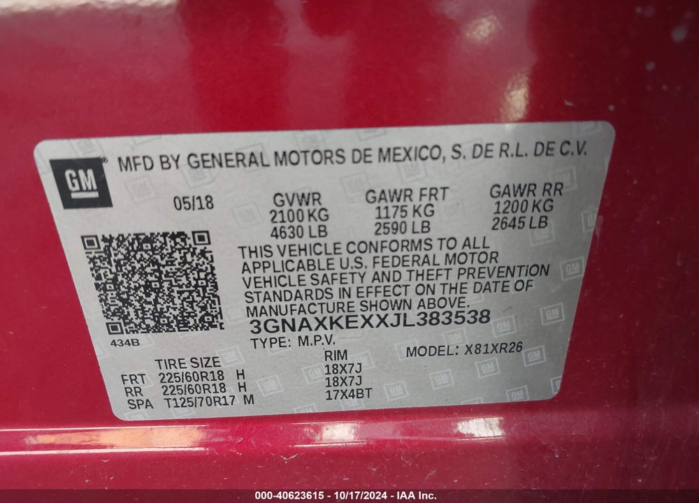 2018 CHEVROLET EQUINOX LT VIN: 3GNAXKEXXJL383538
