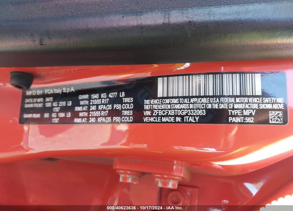 2016 FIAT 500X EASY VIN: ZFBCFXBT0GP332063