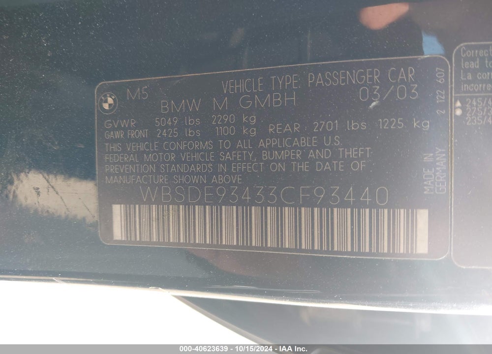2003 BMW M5 VIN: WBSDE93433CF93440