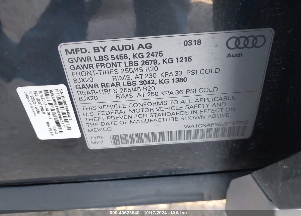 2018 AUDI Q5 2.0T PREMIUM/TECH PRESTIGE VIN: WA1CNAFY6J2147702