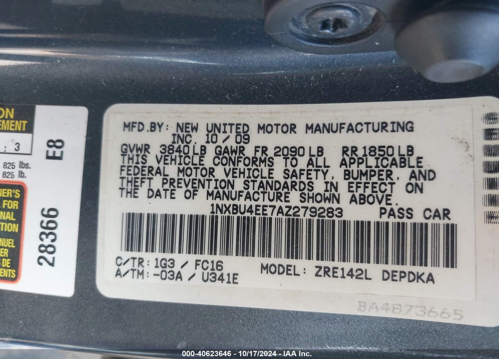 2010 TOYOTA COROLLA LE VIN: 1NXBU4EE7AZ279283