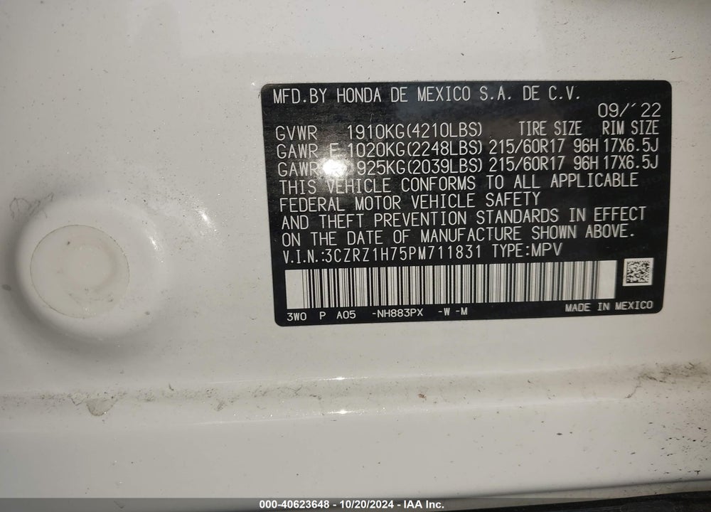 2023 HONDA HR-V 2WD EX-L VIN: 3CZRZ1H75PM711831