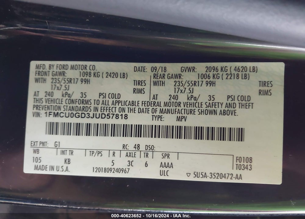 2018 FORD ESCAPE SE VIN: 1FMCU0GD3JUD57818