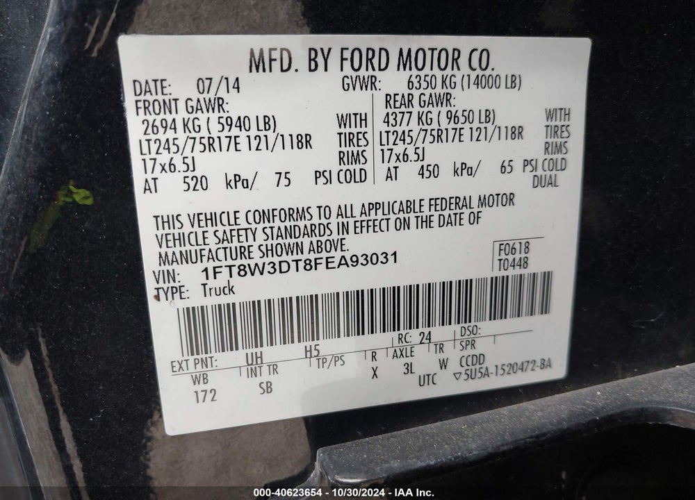 2015 FORD F-350 LARIAT VIN: 1FT8W3DT8FEA93031