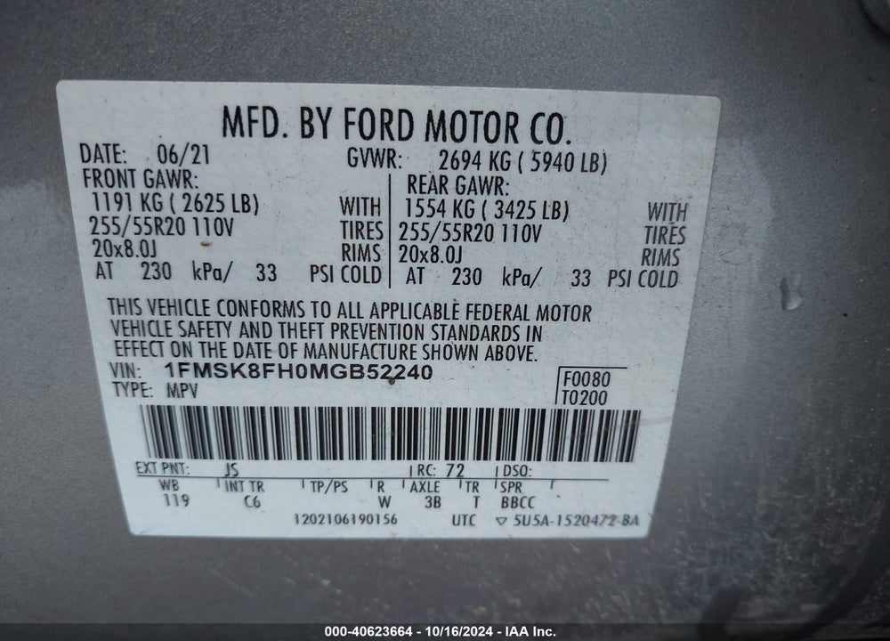 2021 FORD EXPLORER LIMITED VIN: 1FMSK8FH0MGB52240
