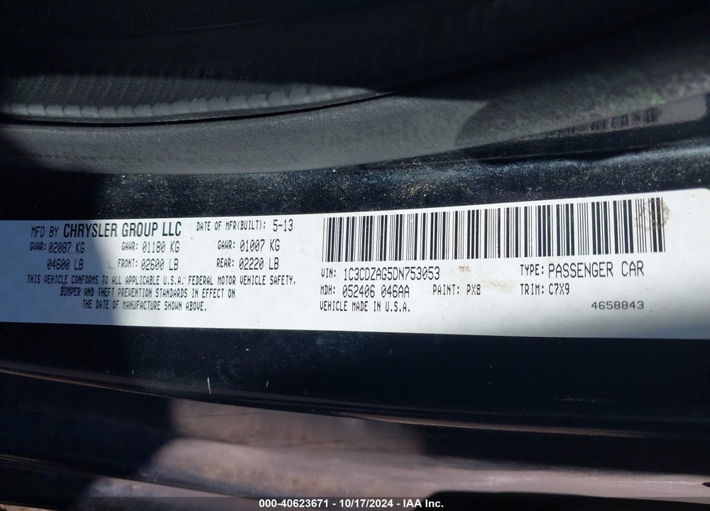2013 DODGE AVENGER SE V6 VIN: 1C3CDZAG5DN753053