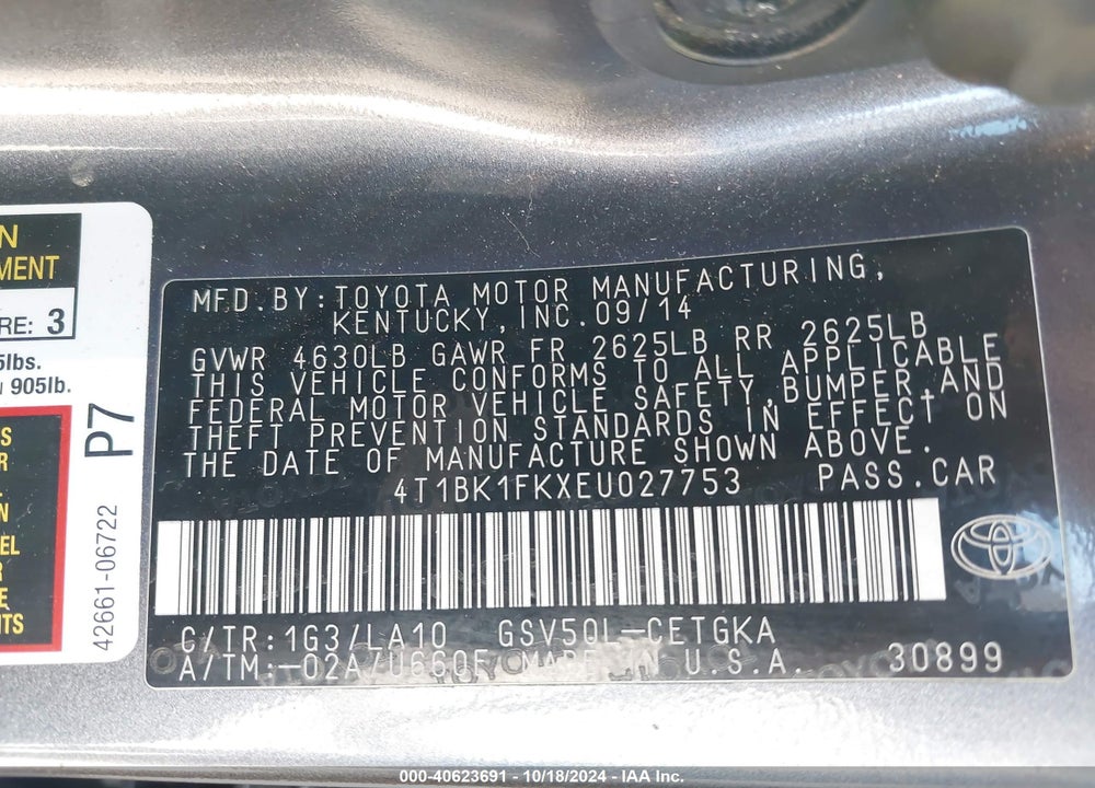 2014 TOYOTA CAMRY XLE V6 VIN: 4T1BK1FKXEU027753