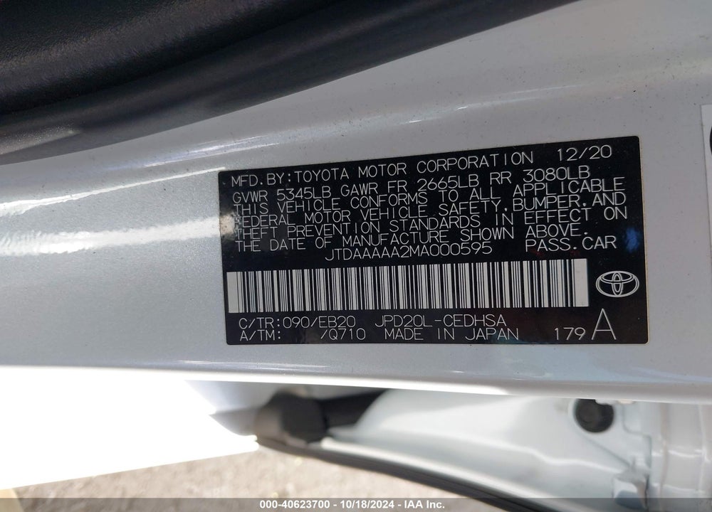 2021 TOYOTA MIRAI VIN: JTDAAAAA2MA000595