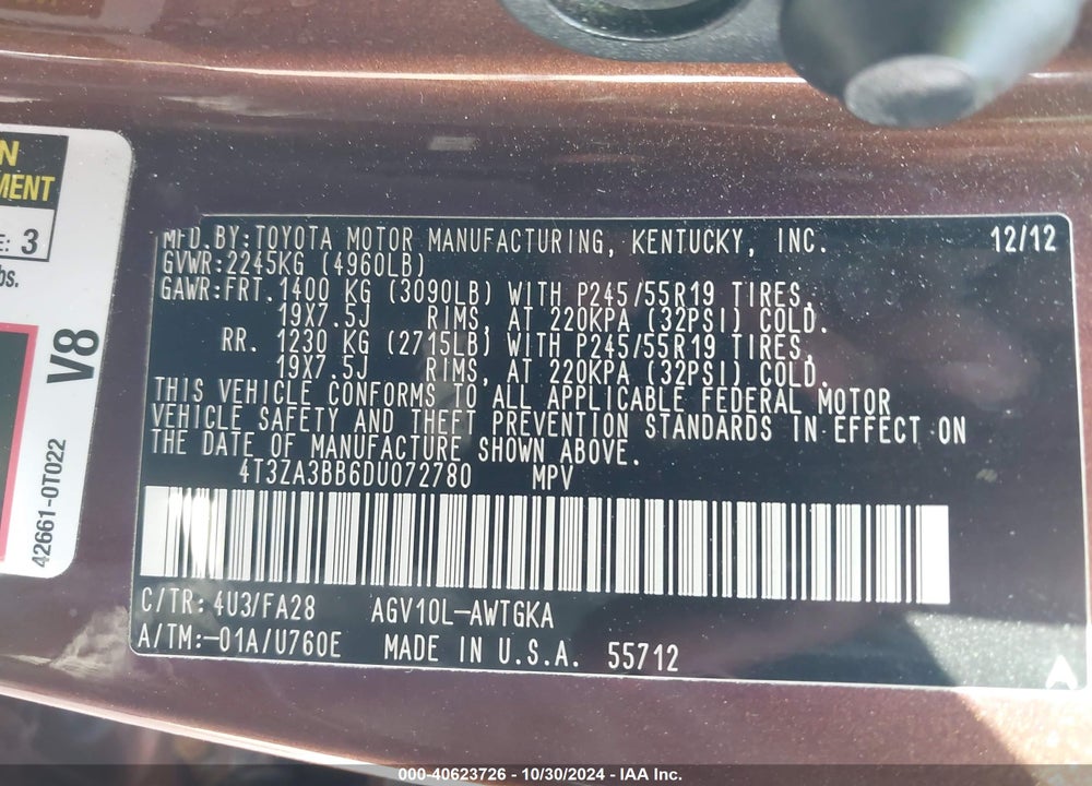 2013 TOYOTA VENZA LE VIN: 4T3ZA3BB6DU072780