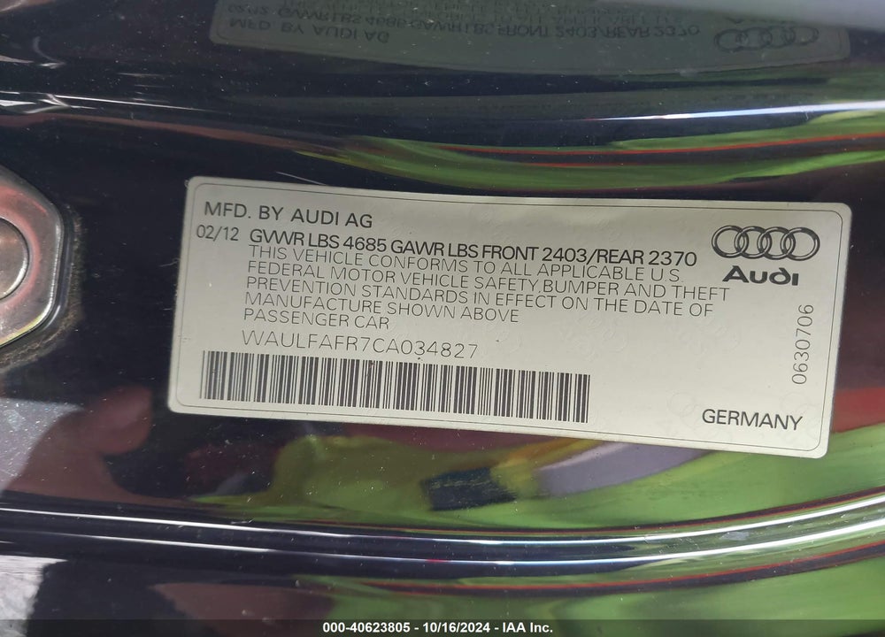 2012 AUDI A5 2.0T PREMIUM VIN: WAULFAFR7CA034827