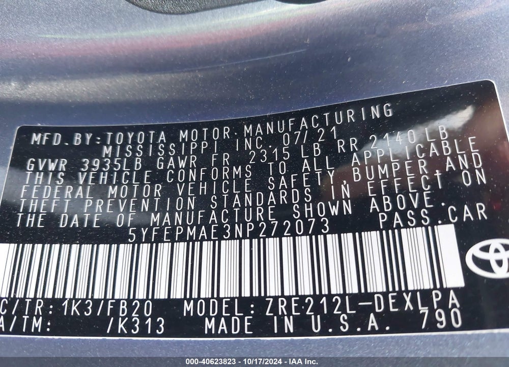 2022 TOYOTA COROLLA LE VIN: 5YFEPMAE3NP272073