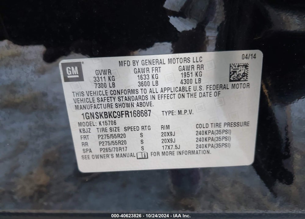 2015 CHEVROLET TAHOE LT VIN: 1GNSKBKC9FR168687