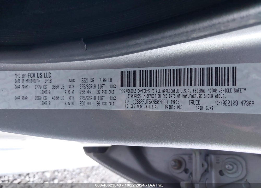 2019 RAM 1500 VIN: 1C6SRFJT5KN507838