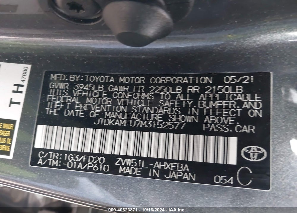 2021 TOYOTA PRIUS LE VIN: JTDKAMFU7M3152577