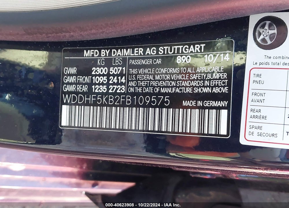 2015 MERCEDES-BENZ E VIN: WDDHF5KB2FB109575