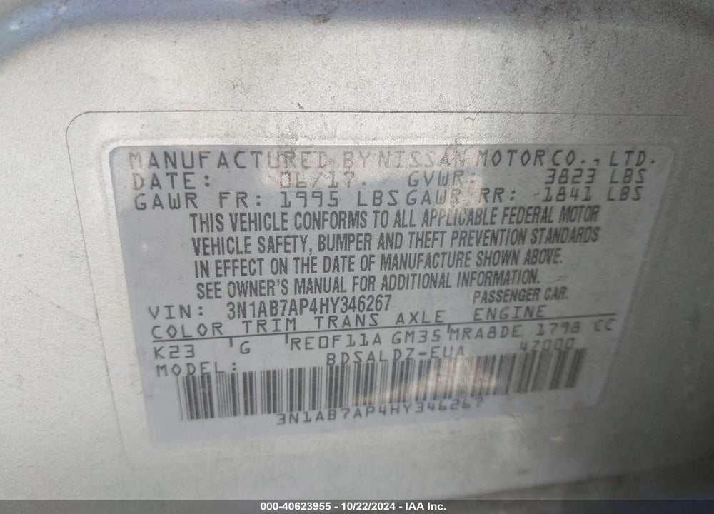 2017 NISSAN SENTRA SV VIN: 3N1AB7AP4HY346267