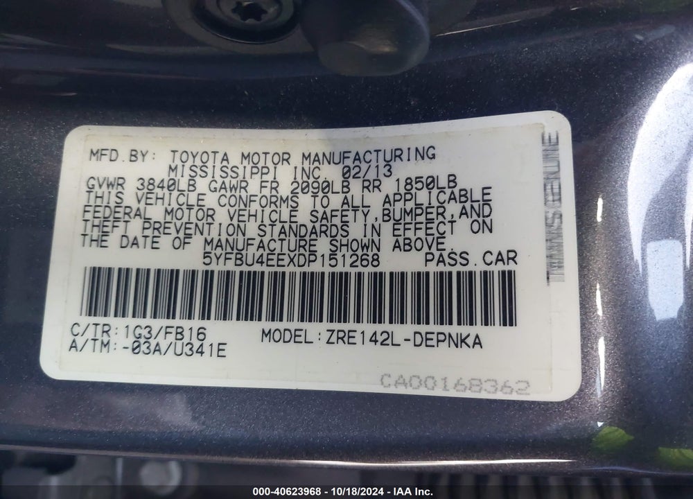 2013 TOYOTA COROLLA LE VIN: 5YFBU4EEXDP151268