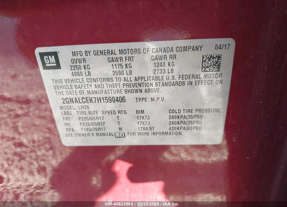 2017 CHEVROLET EQUINOX LT VIN: 2GNALCEK7H1590406