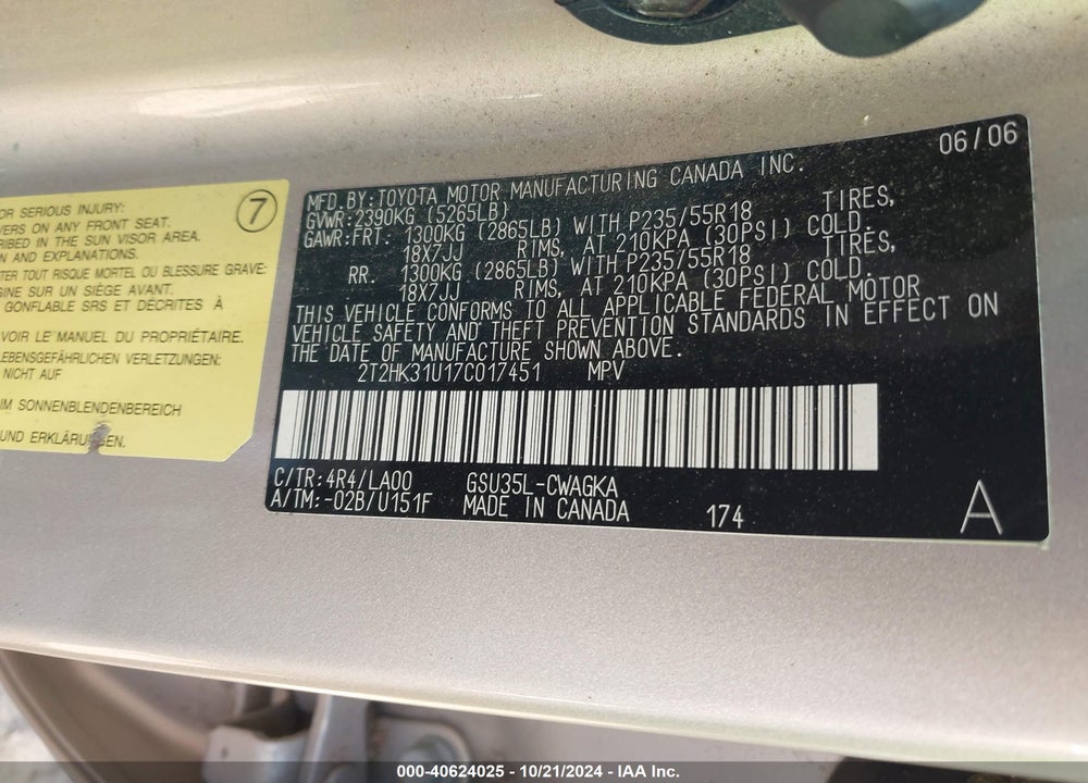 2007 LEXUS RX 350 VIN: 2T2HK31U17C017451