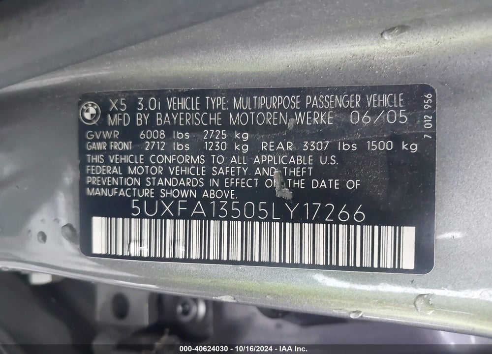 2005 BMW X5 3.0I VIN: 5UXFA13505LY17266