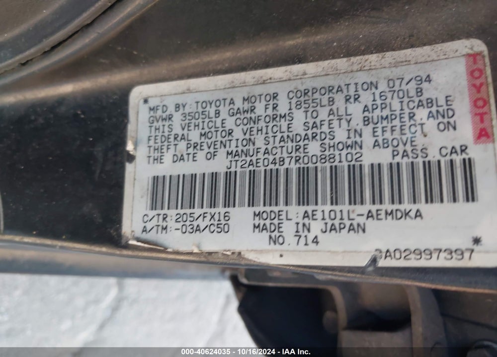 1994 TOYOTA COROLLA VIN: JT2AE04B7R0088102