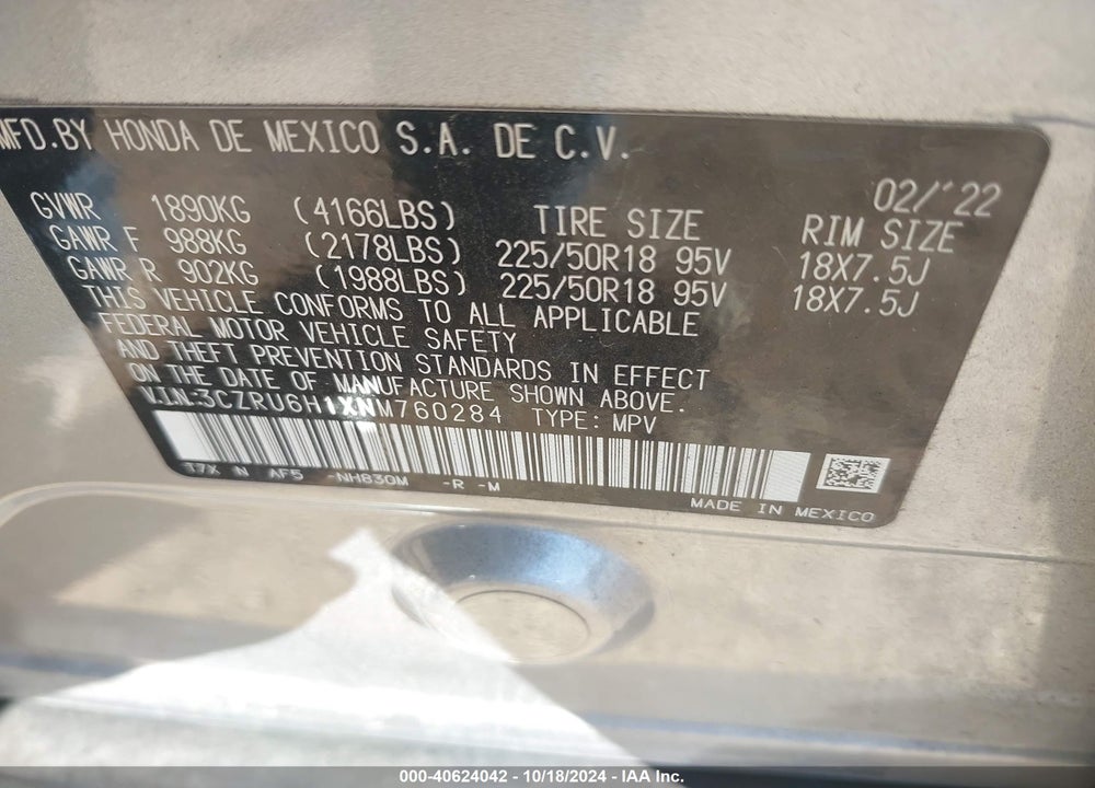 2022 HONDA HR-V AWD SPORT VIN: 3CZRU6H1XNM760284