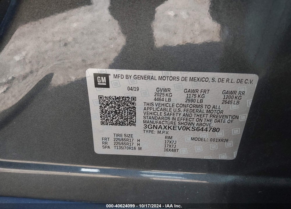 2019 CHEVROLET EQUINOX LT VIN: 3GNAXKEV0KS644780