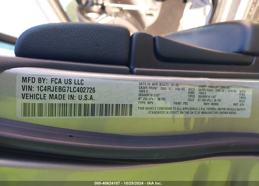 2020 JEEP GRAND CHEROKEE LIMITED 4X2 VIN: 1C4RJEBG7LC402726