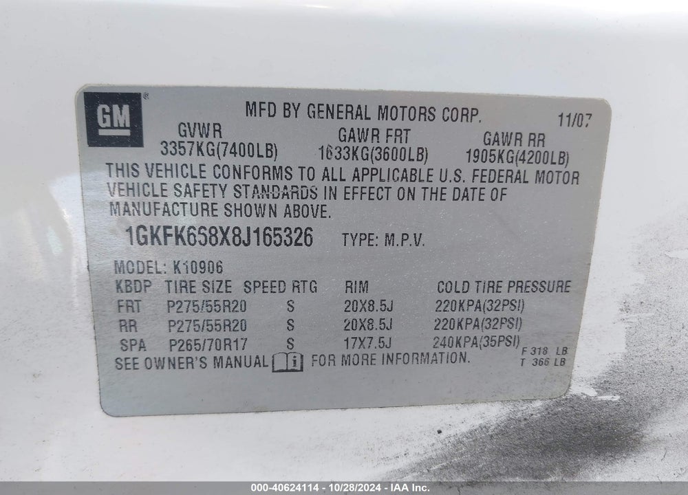 2008 GMC YUKON XL 1500 DENALI VIN: 1GKFK668X8J165326