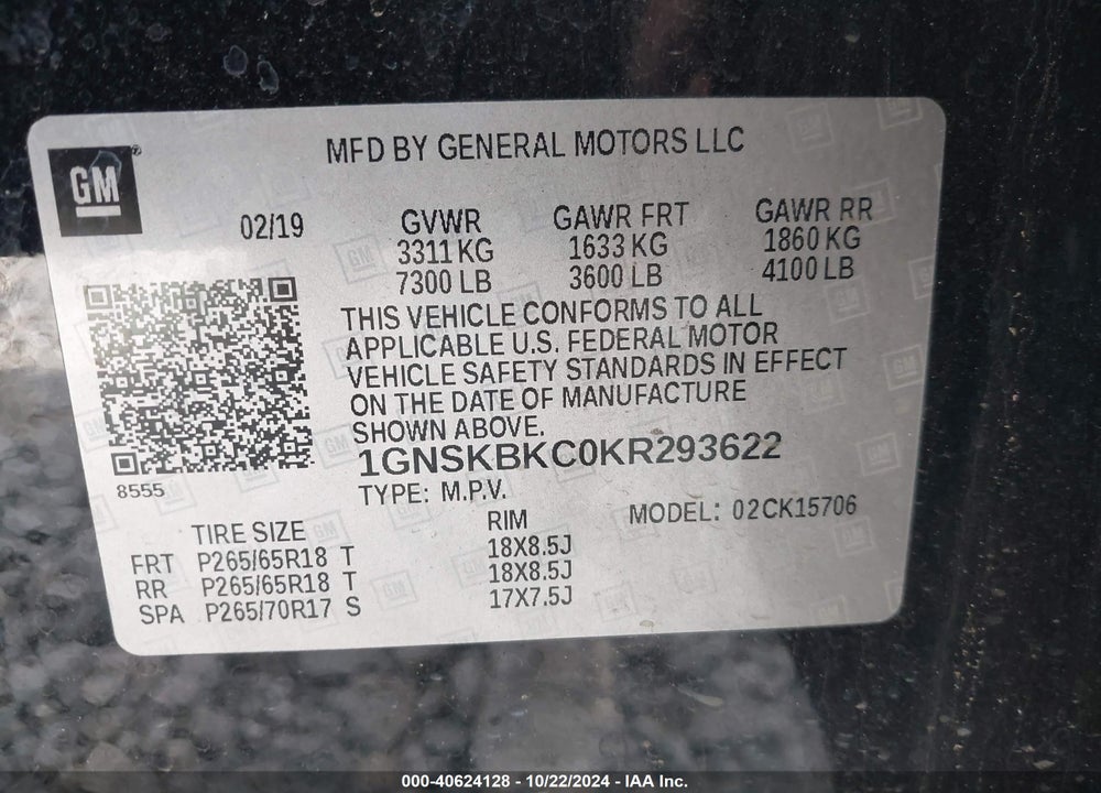 2019 CHEVROLET TAHOE LT VIN: 1GNSKBKC0KR293622