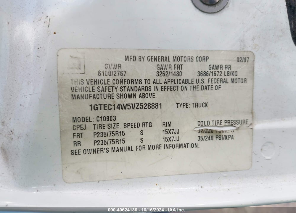 1997 GMC SIERRA 1500 SL WIDESIDE CMI VIN: 1GTEC14W5VZ528881