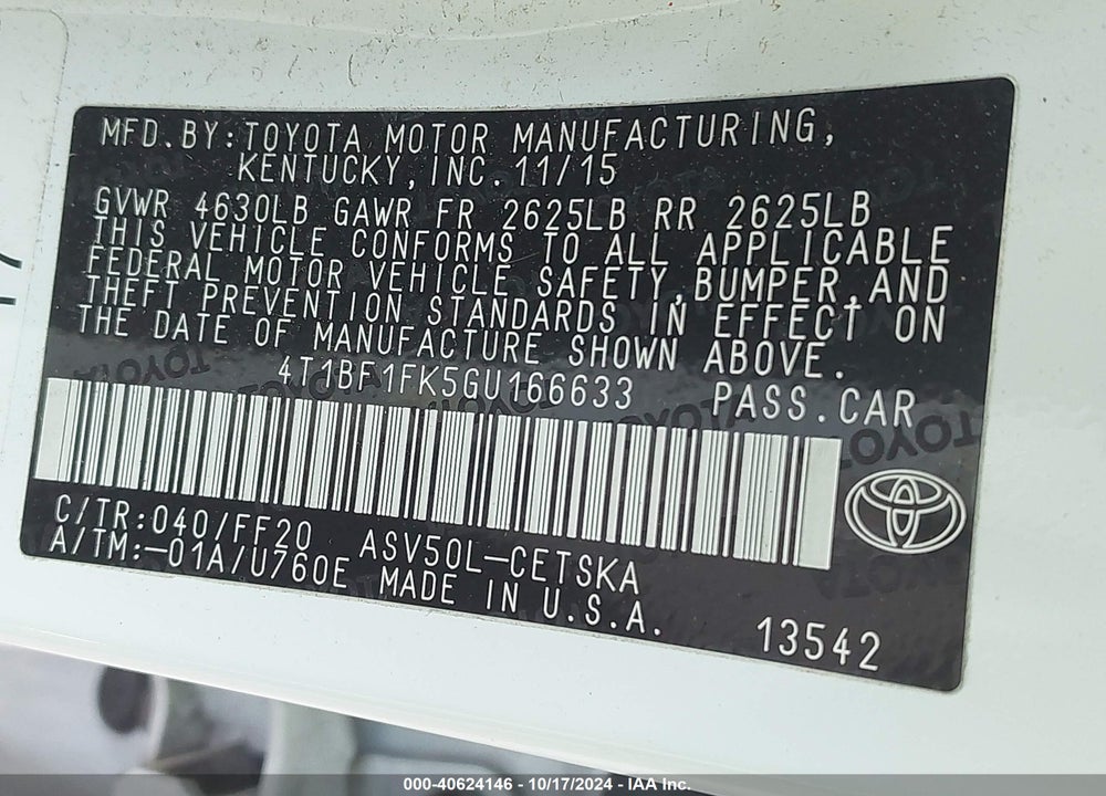 2016 TOYOTA CAMRY SE VIN: 4T1BF1FK5GU166633