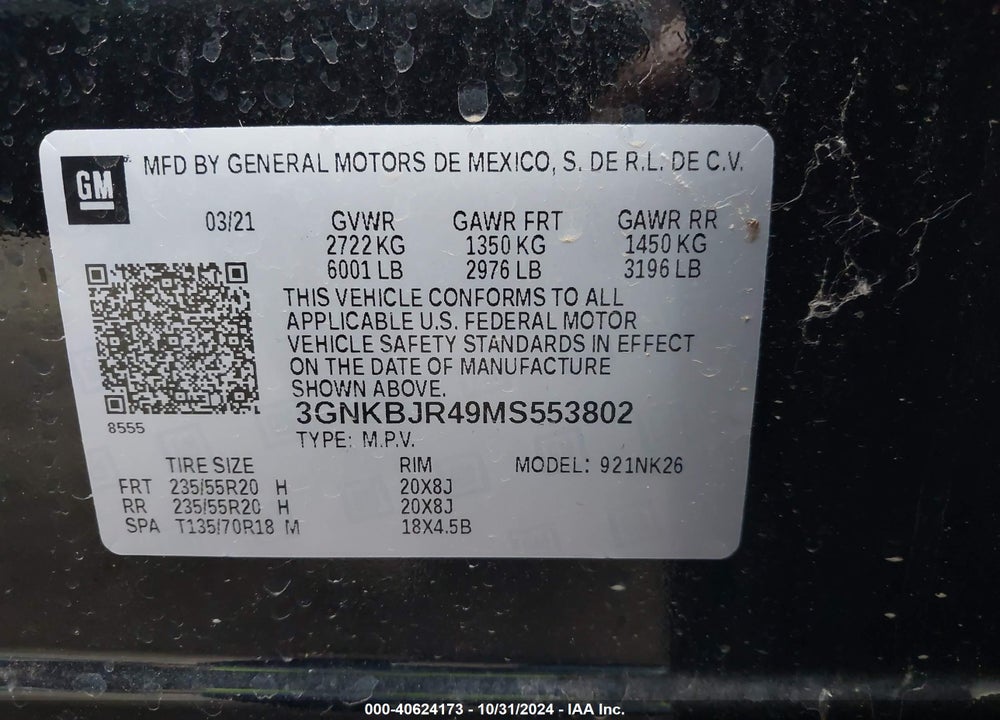 2021 CHEVROLET BLAZER AWD 3LT VIN: 3GNKBJR49MS553802