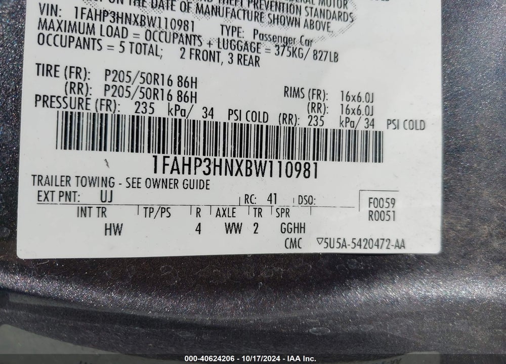 2011 FORD FOCUS SEL VIN: 1FAHP3HNXBW110981