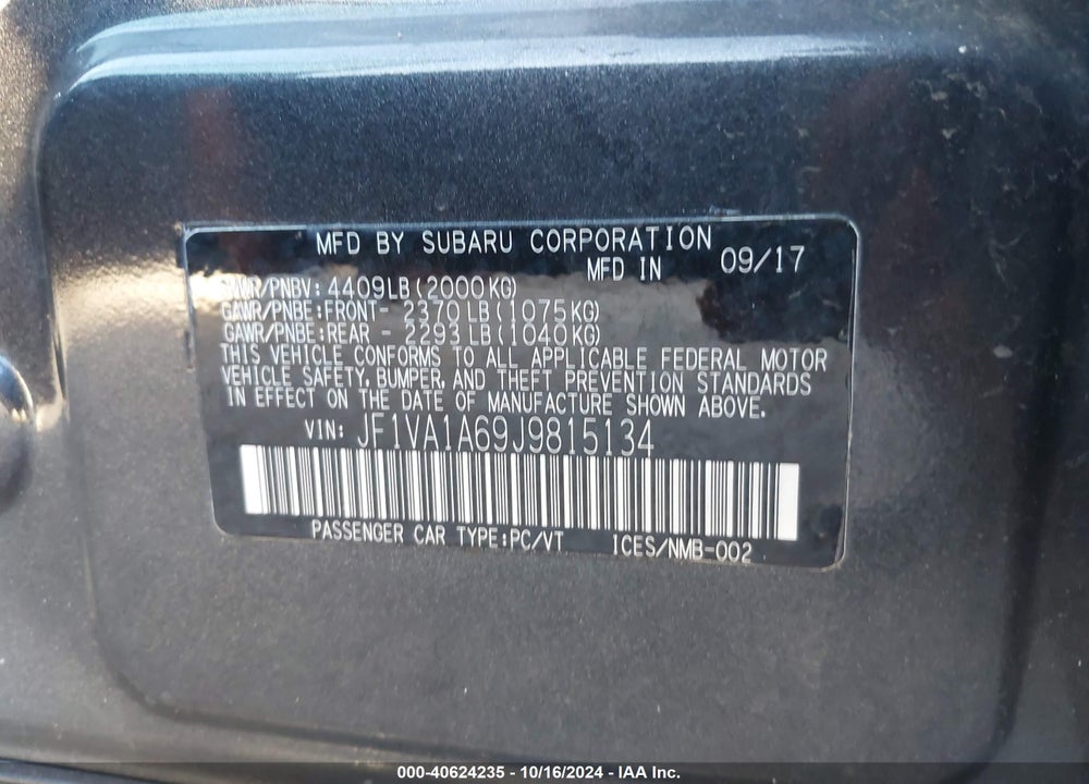 2018 SUBARU WRX VIN: JF1VA1A69J9815134