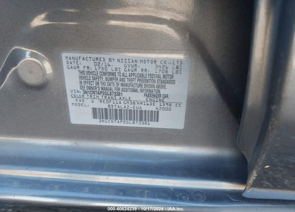 2016 NISSAN VERSA 1.6 S+ VIN: 3N1CN7AP2GL873381