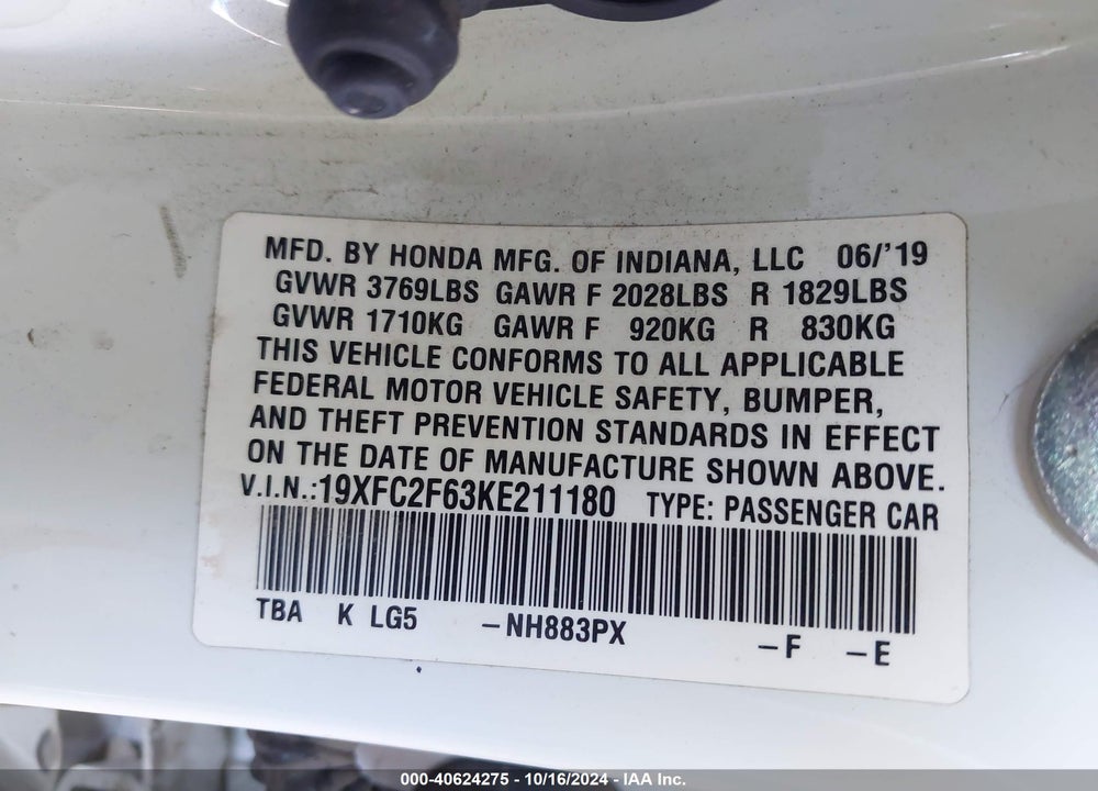2019 HONDA CIVIC LX VIN: 19XFC2F63KE211180