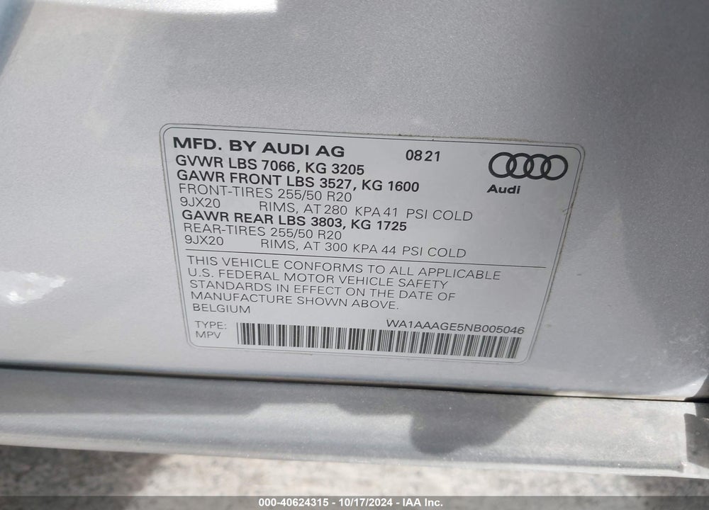 2022 AUDI E-TRON PREMIUM QUATTRO VIN: WA1AAAGE5NB005046
