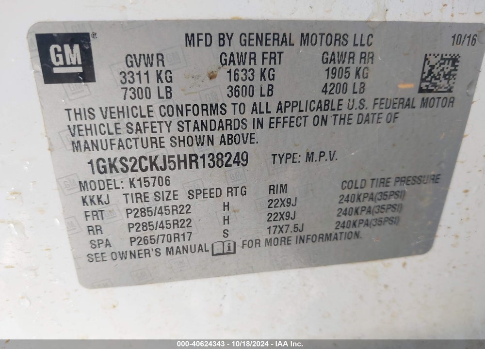 2017 GMC YUKON DENALI VIN: 1GKS2CKJ5HR138249