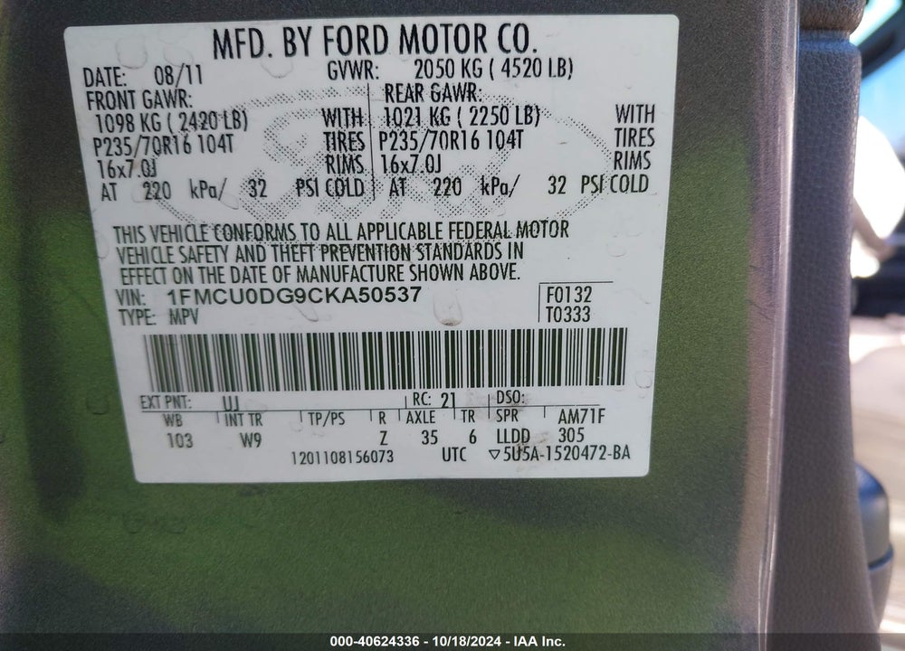 2012 FORD ESCAPE XLT VIN: 1FMCU0DG9CKA50537