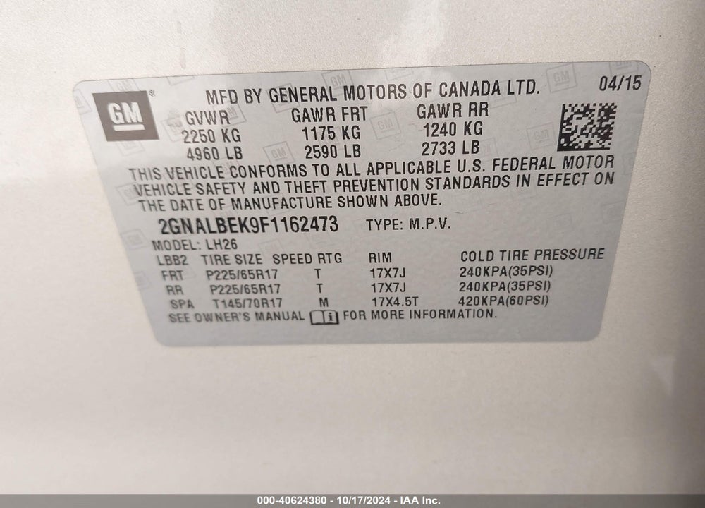 2015 CHEVROLET EQUINOX 1LT VIN: 2GNALBEK9F1162473