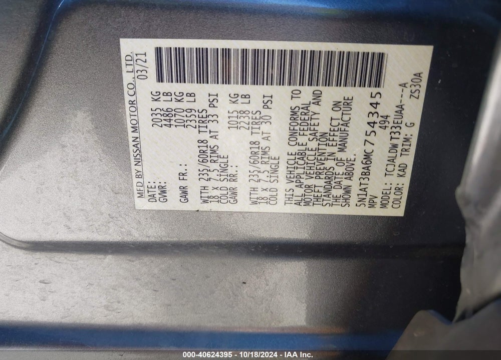 2021 NISSAN ROGUE SV FWD VIN: 5N1AT3BA6MC754345