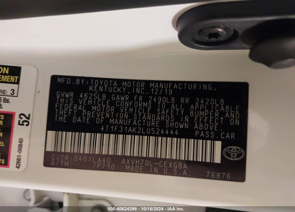 2020 TOYOTA CAMRY XLE HYBRID VIN: 4T1F31AK2LU524444