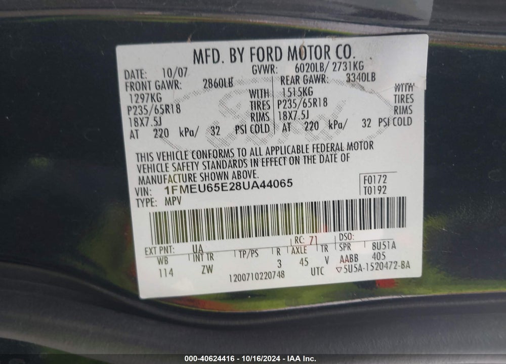 2008 FORD EXPLORER LIMITED VIN: 1FMEU65E28UA44065