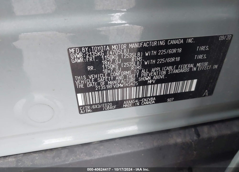 2021 TOYOTA RAV4 TRD OFF ROAD VIN: 2T3S1RFV0MW145425