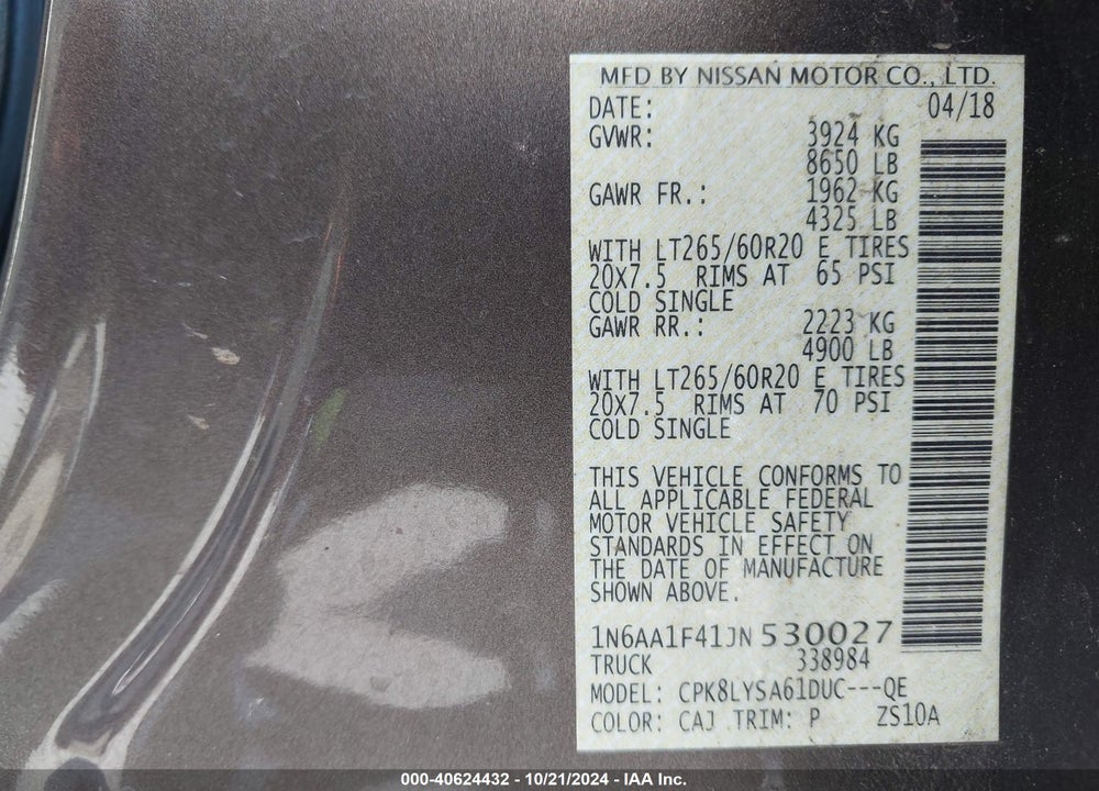 2018 NISSAN TITAN XD PLATINUM RESERVE GAS VIN: 1N6AA1F41JN530027
