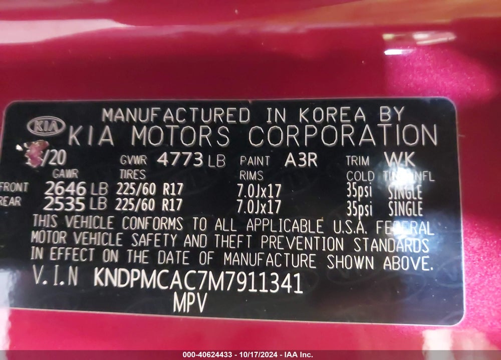 2021 KIA SPORTAGE VIN: KNDPMCAC7M7911341