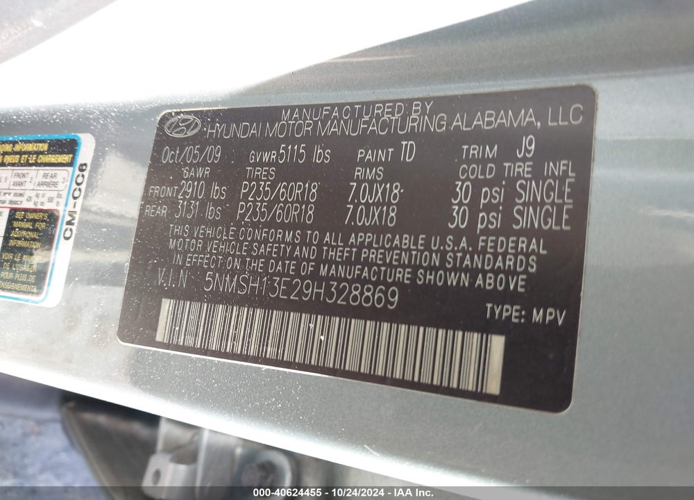 2009 HYUNDAI SANTA FE LIMITED VIN: 5NMSH13E29H328869